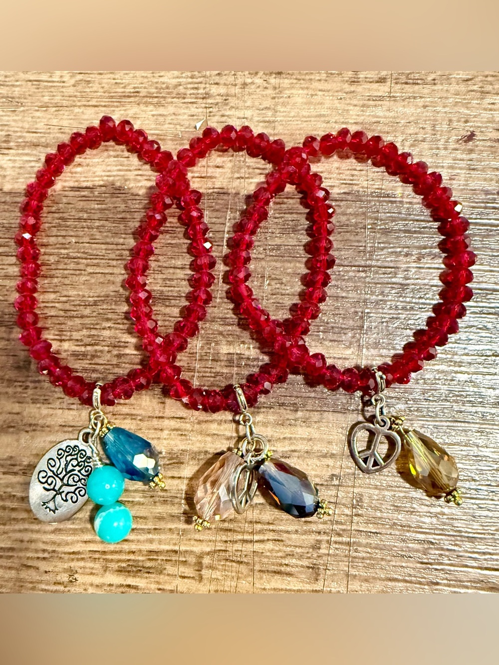 Red Crystal Beaded Charm Bracelet Set - Women Jewelry